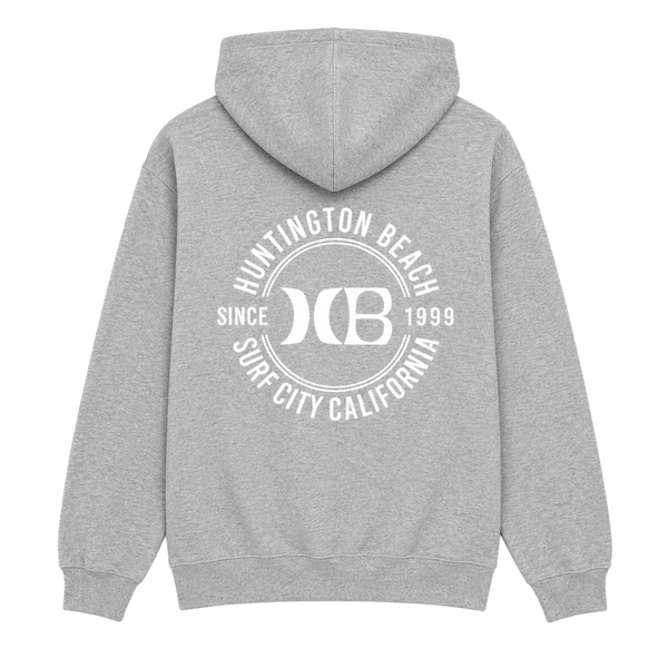 Grey hooded sweatshirt with a white HB back logo on a white background.