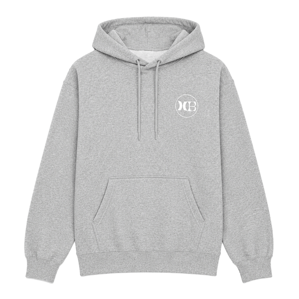 grey Huntington Beach hooded sweatshirt with a small white HB logo on the chest, shown on a white background.
