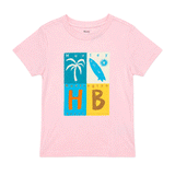 Pink Hurley T-shirt with colorful Huntington Beach palm tree and surfboard graphic on the front.