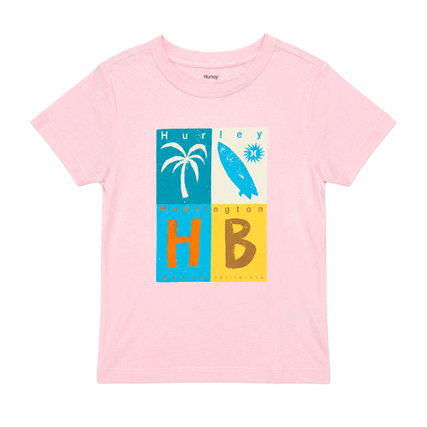 Pink Hurley T-shirt with colorful Huntington Beach palm tree and surfboard graphic on the front.