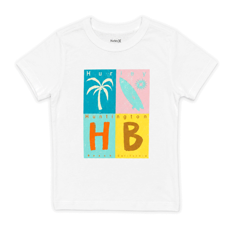 White Hurley T-shirt with colorful Huntington Beach palm tree and surfboard graphic on the front.