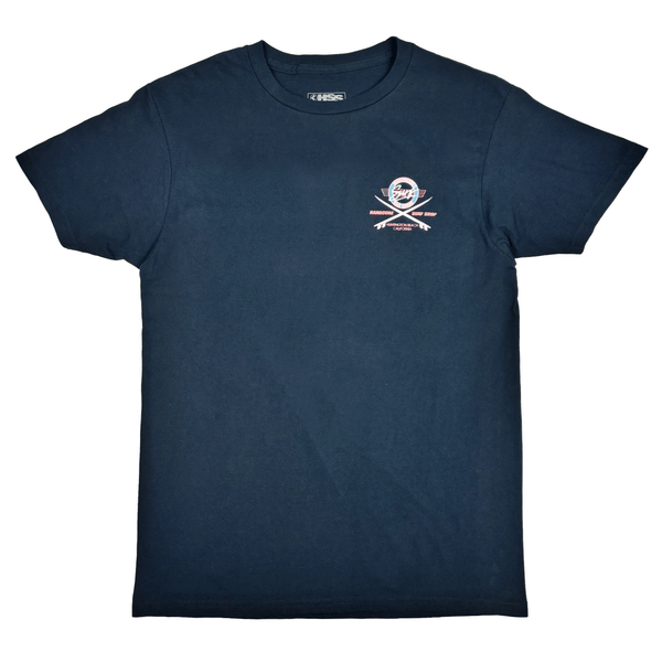front of navy blue shirt with HSS's Hardcore logo on chest. 