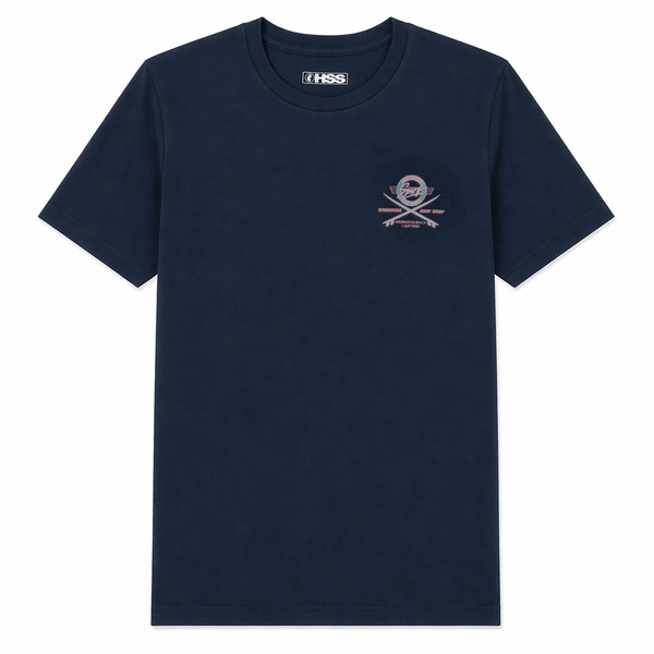 front of navy blue shirt with HSS's Hardcore logo on chest. 
