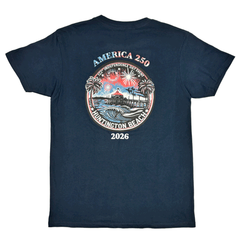 back of navy blue t-shirt with "AMERICA 250 2026" and image of huntington beach pier, jets and surfer. 