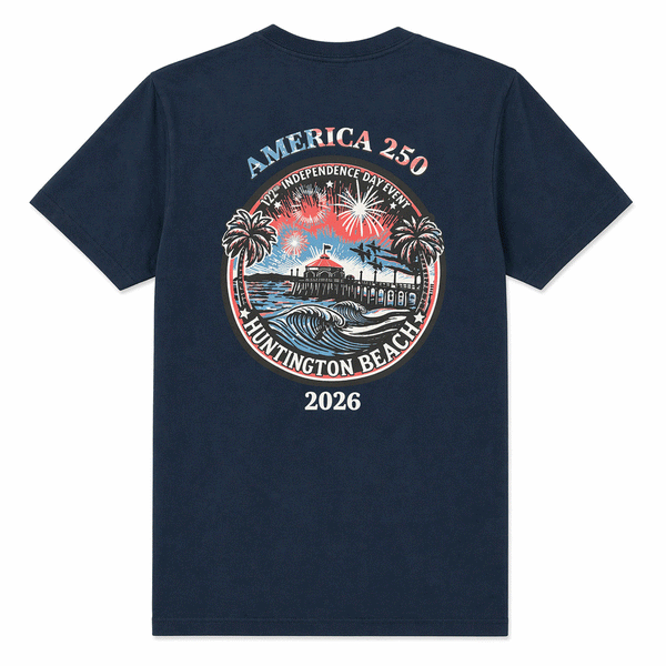 back of navy blue t-shirt with "AMERICA 250 2026" and image of huntington beach pier, jets and surfer. 