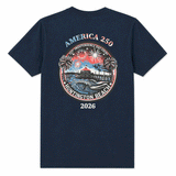 back of navy blue t-shirt with "AMERICA 250 2026" and image of huntington beach pier, jets and surfer. 