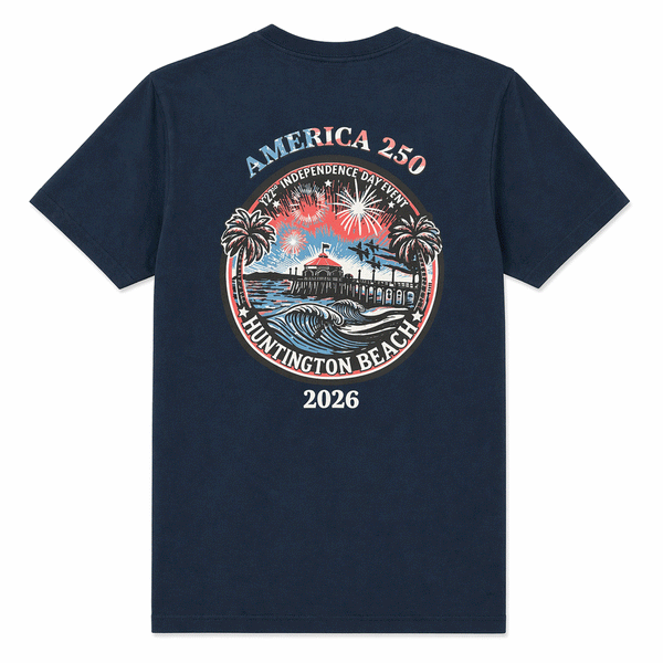back of navy blue t-shirt with "AMERICA 250 2026" and image of huntington beach pier, jets and surfer. 