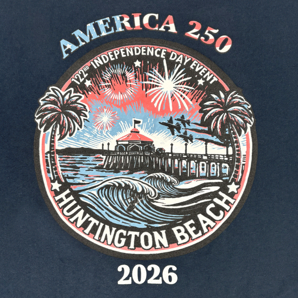 text " AMERICA 250 2026" image of huntington beach pier, jets and surfer.