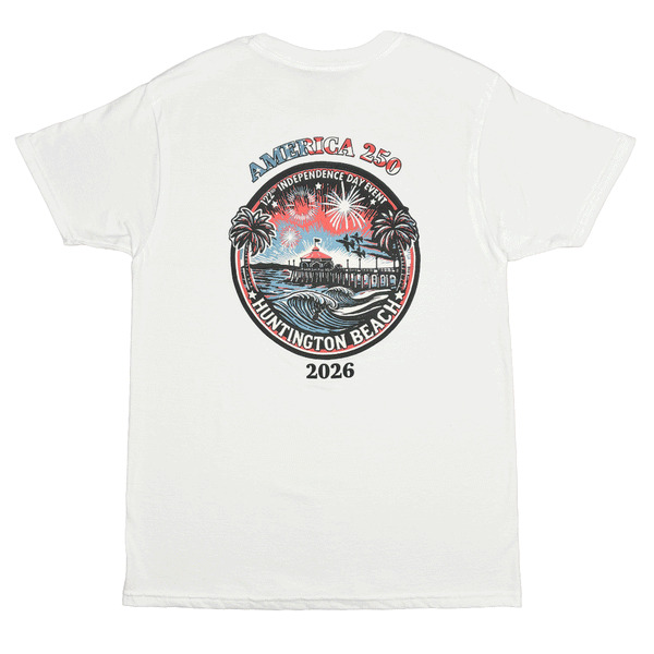 back of white t-shirt with "AMERICA 250 2026" and image of huntington beach pier, jets and surfer. 