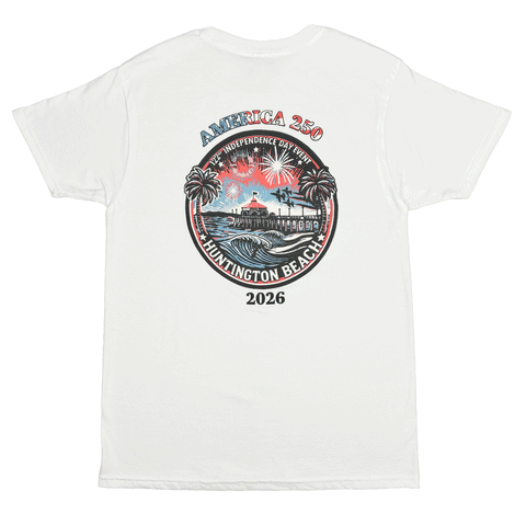 back of white t-shirt with "AMERICA 250 2026" and image of huntington beach pier, jets and surfer. 
