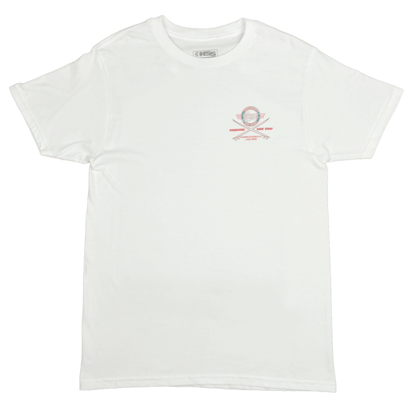 front of white shirt with HSS's Hardcore logo on chest. 
