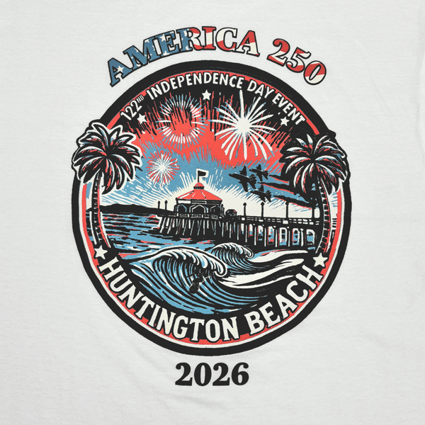 text "AMERICA 250 2026" and image of huntington beach pier, jets and surfer. 