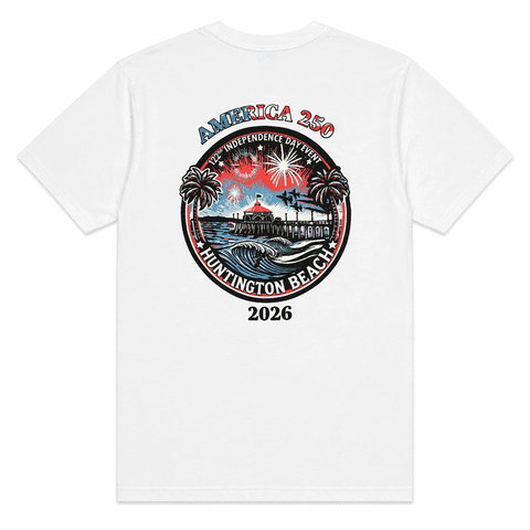 back of white t-shirt with "AMERICA 250 2026" and image of huntington beach pier, jets and surfer. 