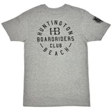 back of grey tshirt with the hb boardriders logo