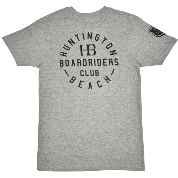 back of grey tshirt with the hb boardriders logo