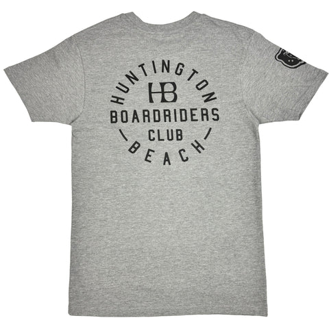 back of grey tshirt with the hb boardriders logo
