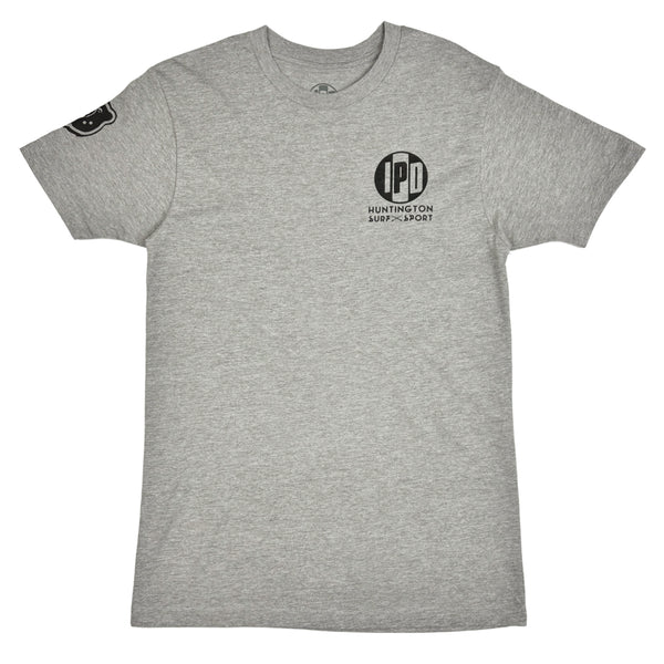 front of grey tshirt with IPD logo and Huntington Surf and Sport logo on the chest