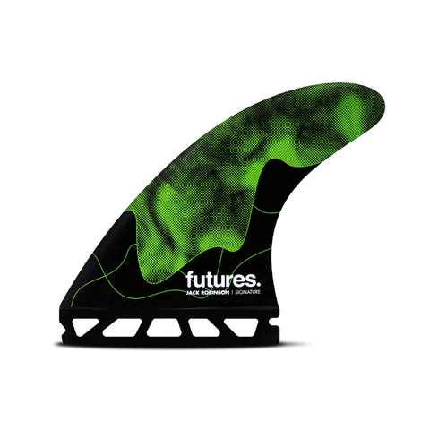 black and green surf fin with "futures" and "jack robinson" branding
