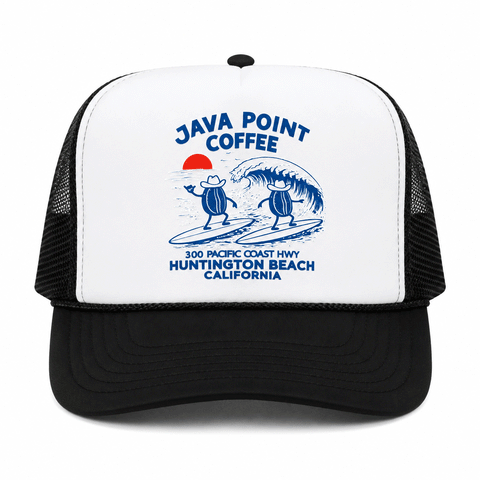 black and white trucker hat with blue logo on white background
