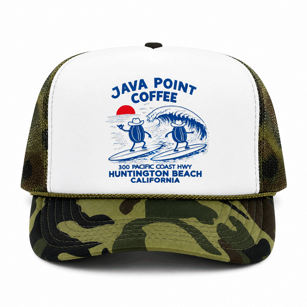 green camo and white  trucker hat with blue logo on white background