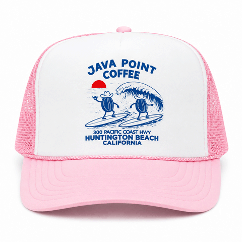 pink and white trucker hat with blue logo on white background