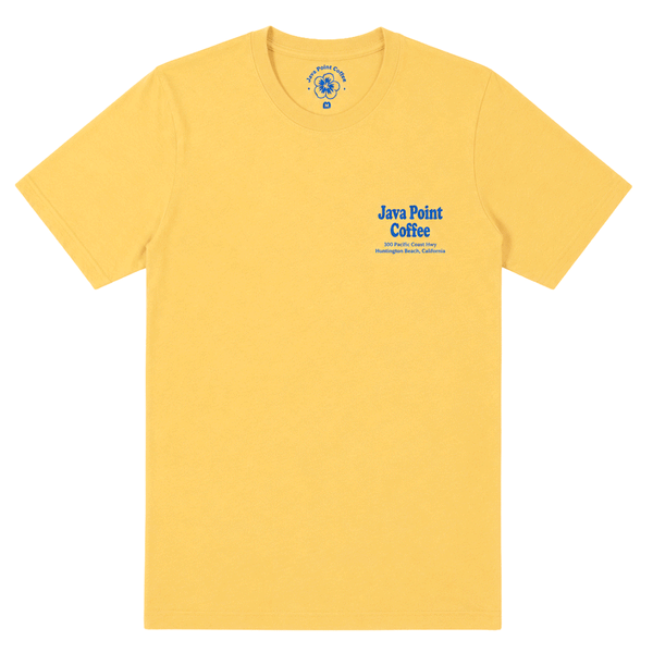 front of yellow t-shirt with java point coffee address in blue