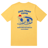 back of yellow t-shirt with coffee beans surfing and Java Point Coffee address