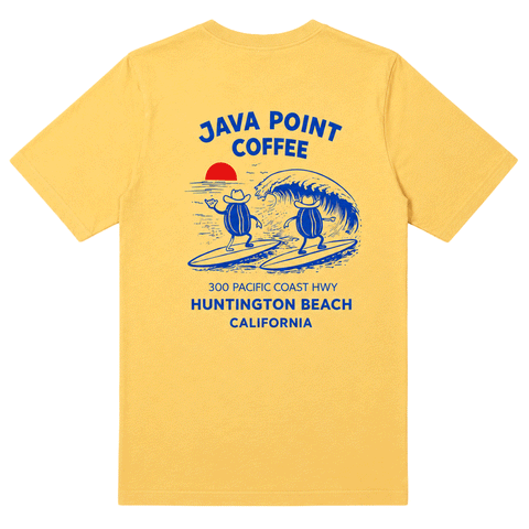 back of yellow t-shirt with coffee beans surfing and Java Point Coffee address