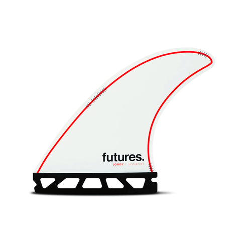 white and red surf fin with "futures" and "jordy" branding
