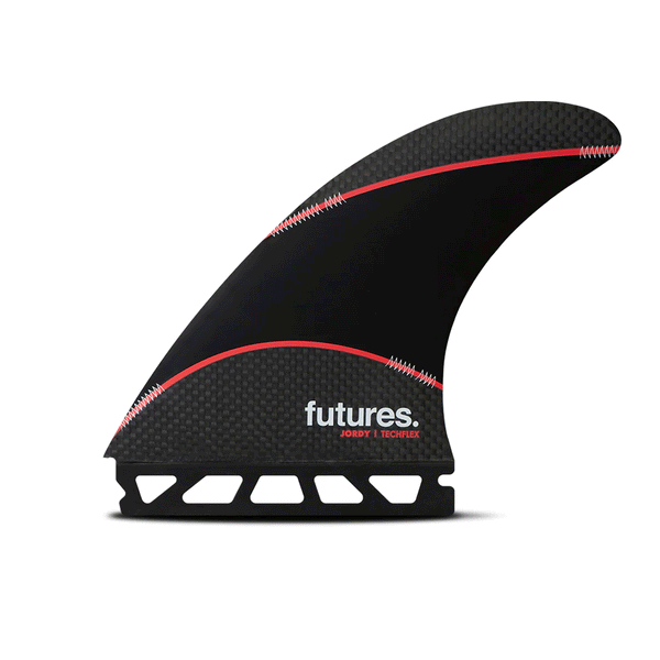 black and red surf fin with "futures" and "jordy" branding
