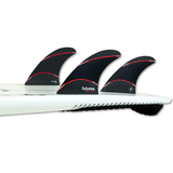 tail of surfboard with 3 surf fins attached