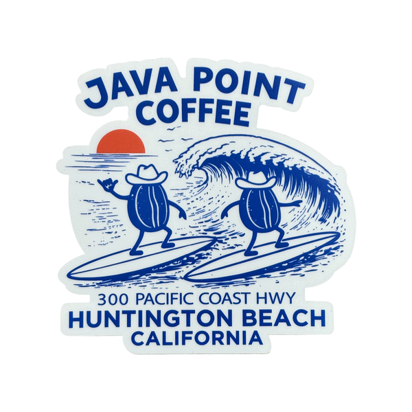 sticker of coffee beans surfing a wave on white background