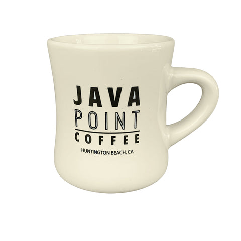 White mug with 'JAVA POINT COFFEE' text on a white background