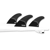 tail of surfboard with 3 surf fins attached