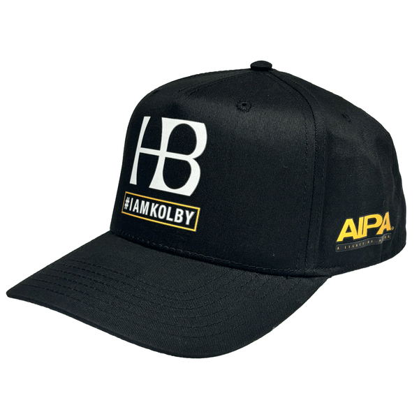 side of black hat with AIPA Surfboards logo in yellow