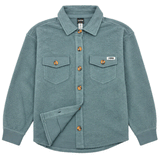 Women's teal fleece shirt with button-front closure.