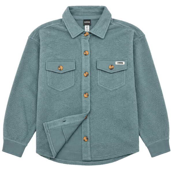 Women's teal fleece shirt with button-front closure.