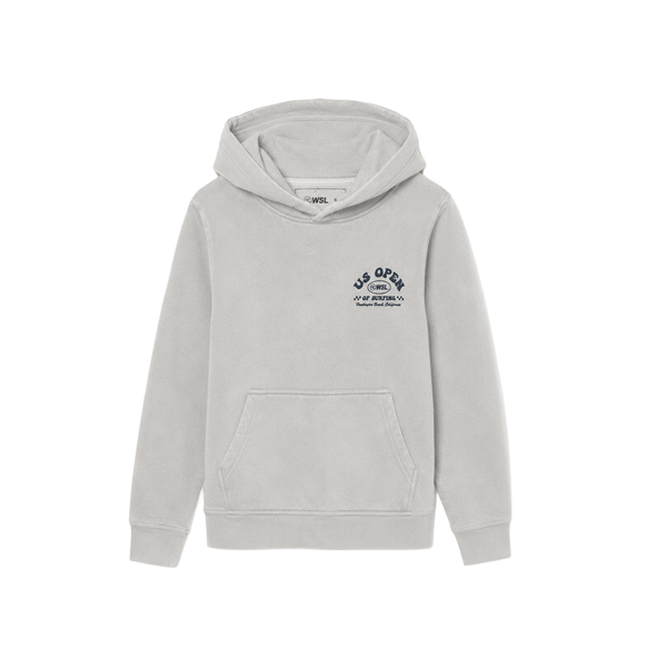 a light gray US Open of Surfing hoodie, shown from the front on a white background.