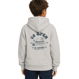 Kid wearing a light gray US Open of Surfing hoodie, shown from the back on a white background.
