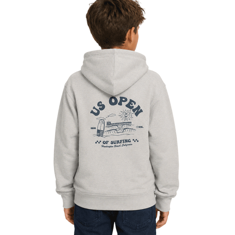 Kid wearing a light gray US Open of Surfing hoodie, shown from the back on a white background.