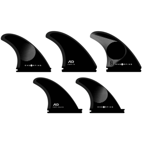 5 black surf fins with "endorfins" branding