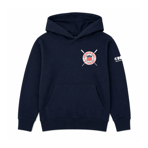blue hoodie with small HB Jr Lifeguards logo on white background