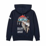 back of blue hoodie with image of HB Pier and Lifeguards on a white background