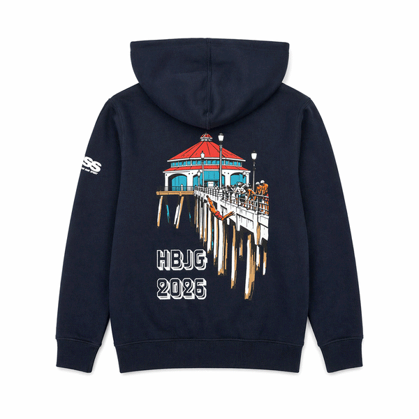 back of blue hoodie with image of HB Pier and Lifeguards on a white background