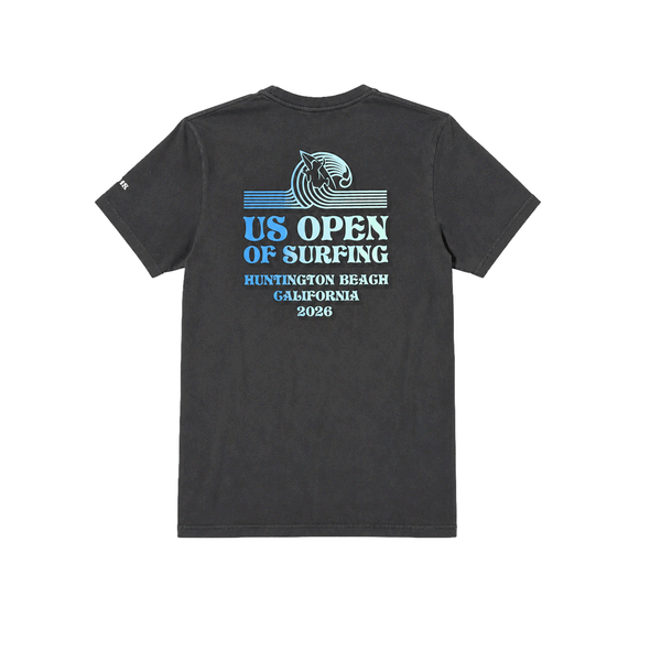 back view of a washed black US Open of Surfing T-shirt with blue graphic on back over a white background.