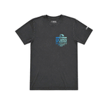 front view of  a washed black US Open of Surfing T-shirt with blue graphic on chest on a white background.