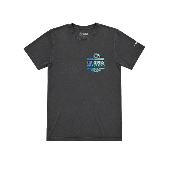 front view of  a washed black US Open of Surfing T-shirt with blue graphic on chest on a white background.
