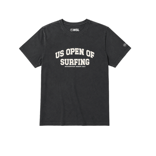 Washed black WSL US Open of Surfing boyfriend-fit T-shirt with white graphic on a white background.