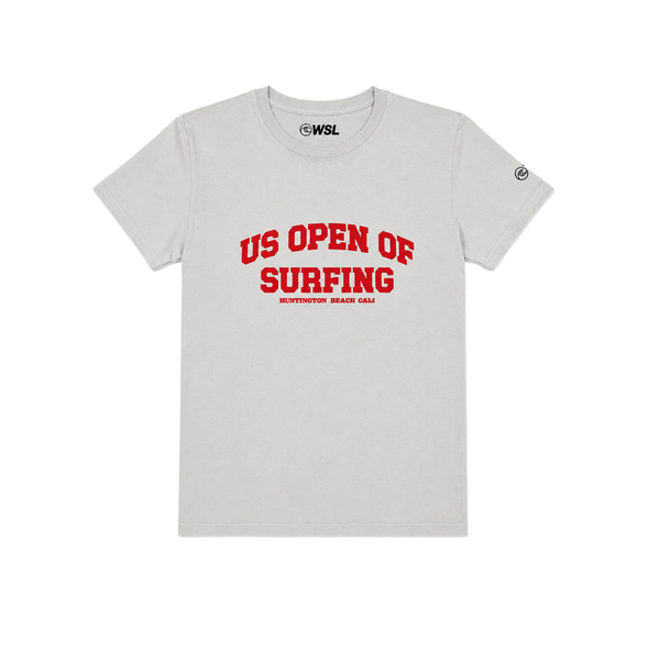Light gray WSL US Open of Surfing boyfriend-fit T-shirt with red graphic on a white background.