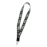 black lanyard with white HSS logos and clip attached on white background